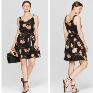 A New Day Floral Midi Strap Dress- size medium, black/beige, linen material